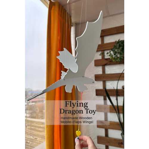 Flying Wooden Dragon Mobile with Moving Wings | Night Fury Inspired Fantasy Hanging Decor | Handmade Wooden Sculpture