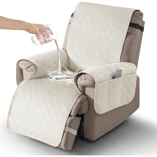 (Oversized: 30", Ivory)Timeles Velvet Recliner Chair Cover, 100% Waterproof Recliner Covers that Stay in Place with Pocket for Pets & Dogs