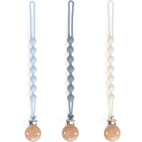 Pacifier Clip, 3 Pack Silicone Pacifier Clips with Wooden Design Pacifier Holder Clip, Soother Clips for Baby Boy & Girl (White+Light Blue+Grayish Blue)