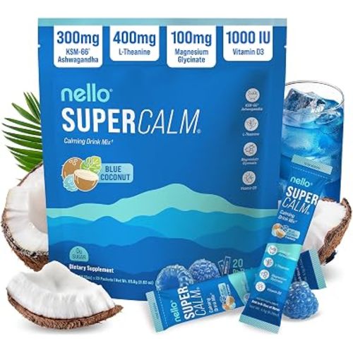 Nello Supercalm Drink Mix with Magnesium Glycinate, KSM 66 Ashwagandha, Vitamin D3 and L Theanine, Calm Powder Supplements for Relaxation Support, No Sugar, Travel Packets, 20 Ct, Blue Coconut