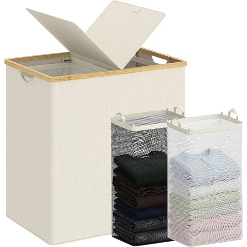 efluky Laundry Hamper with Lid, Double Laundry Basket with 2 Removable Bags, 2 Section Laundry Bin with Bamboo Handles for Bathroom, Bedroom & Laundry Room, 140L (36.9 Gallon) Beige