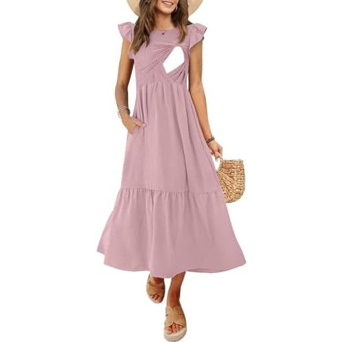 CzzzyL Women's Nursing Dress Flutter Short Sleeve Crew Neck Smocked Elastic Waist Tiered Midi with Pockets