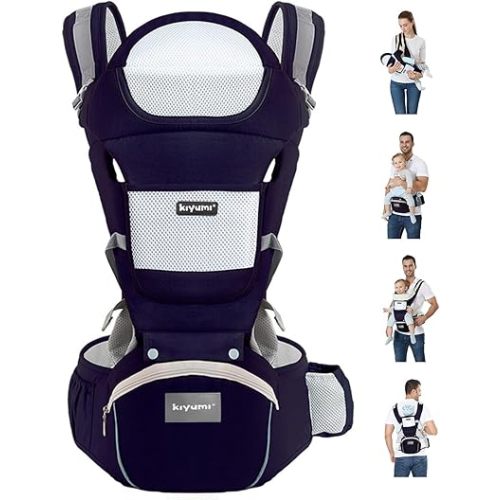 KIYUMI Baby Carrier with Hip Seat, Ergonomic M Position, Newborn to Toddler, Head Support and Breathable Mesh,Adjustable Removable 6- in-1 Baby Baby Sling Carrier (7-45 lbs) for Mom Dad,Darkblue