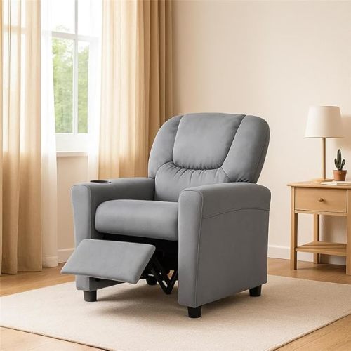 Naomi Home Suri Kids Recliner Chair with Cup Holder & Footrest, Gray Microfiber - Cozy Lounge for Toddlers & Children