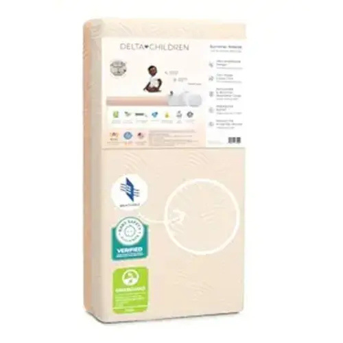 Delta Children Summer Breeze Mattress - Breathable Baby Crib & Toddler Mattress with Cloud Core - Machine Washable Cover - GREENGUARD Gold – Waterproof - Sustainably Sourced Core, Apricot/White
