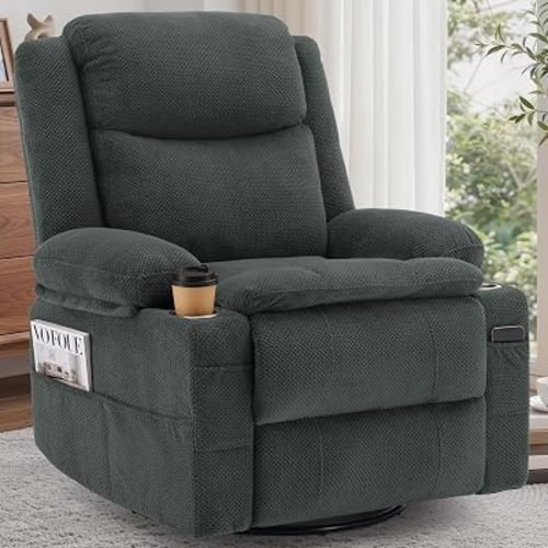 Korser Recliner Chair, 360° Swivel Rocker Recliner for Adults, Rocking Recliners with Massage & Heat, Nursery Rocking Chairs with Cup Holders, Manual Reclining Glider for Living Room, Nursery, Gray