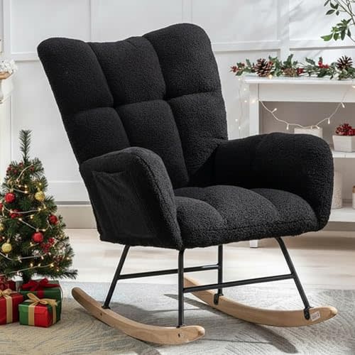 ETCZOYE Nursery Rocking Chair Teddy Upholstered Glider Rocker Rocking Accent Chair with High Backrest Armchair Comfy Side Chair for Living Room, Bedroom, Offices (Black)