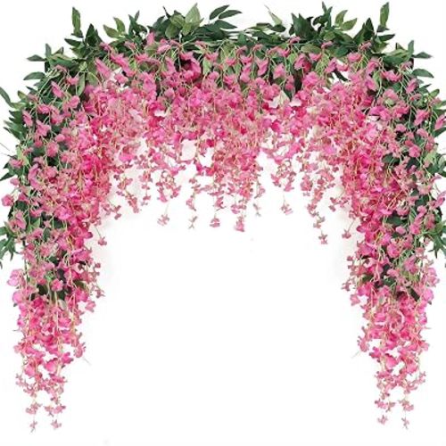 JUSTOYOU 3PCS 7FT 12 Stem Artificial Wisteria Vine Garland Fake Flower Wisteria Garlands for Outdoor Indoor Wedding Wall Bedroom Decoration(Fuchsia)