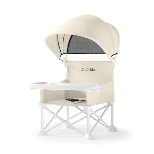 Cochildor 4-in-1 Portable Baby Chair, Foldable Toddler Booster Seat, Beige | Removable Tray & Sun Canopy, Adjustable 3-Point Safety Harness, Compact Carry Bag, Fits 6M - 3T