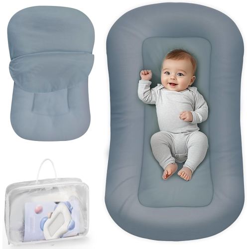 Infant Support Cushion - Baby Support Cushion for Newborn, 0-24 Months, Portable Tummy Time Mat for Home and Travel, Soft Cotton, Supervised Use, Baby Essentials Gift, Grayish Blue, (Cover Included)