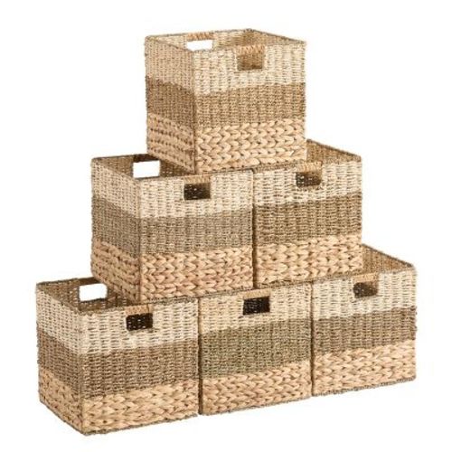 Ornavo Home 13" x 13" Inch Water Hyacinth Mixed Weave Wicker Storage Basket with Handles - Set of 6