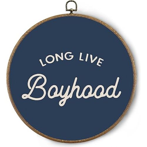 BitKAM Boy Nursery Round Wall Art Decor, Long Live Boyhood Canvas Prints Framed, Retro Navy Blue Wall Hanging Decorations for Kids Boys Nursery Bedroom Playroom, 10x10 Inch Wall Sculptures