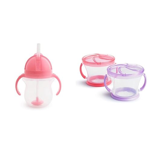 Munchkin® Any Angle™ Weighted Straw Trainer Cup with Click Lock™ Lid, 7 Ounce, Pink & ® Snack Catcher® Toddler Snack Cups, 2 Pack, Pink/Purple - 1 Count (Pack of 1) - Trainer Cup + FOOD,17924