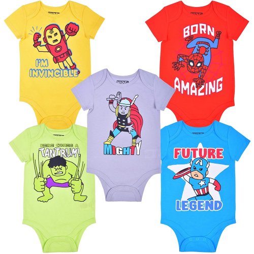 Marvel Boy's 5-Pack Avengers Short Sleeve Onesie Creepers Assortment