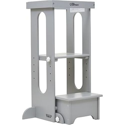 Little Partners Foldable Toddler Tower, Learning Tower Explore 'N Store Montessori Standing Kitchen Tower with Folding Step Stool Platform for Cooking and Learning, Ages 2+ (Silver Drop)