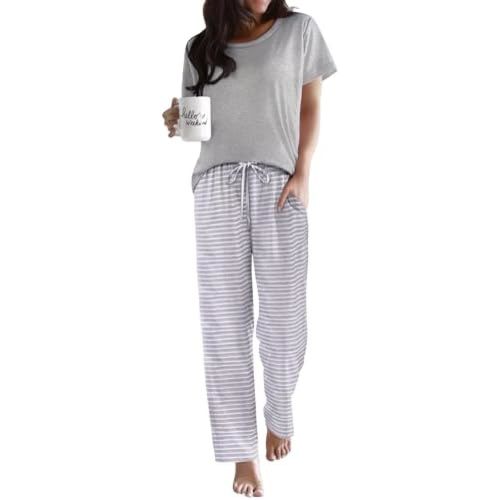 Ekouaer Conjuntos de pijama para mujer, cuello redondo, manga corta, ropa de dormir con pantalones largos, conjuntos de descanso sueltos