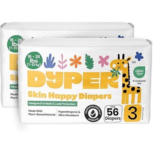 DYPER - Pack of 2 Baby Diapers Size 3 (56 Count) - Leak Proof, Plant Based, Hypoallergenic & Ultra Absorbent Disposable Diaper for Day & Overnight, Skin-Friendly Comfort Size 3 Diapers (16-28 lbs)