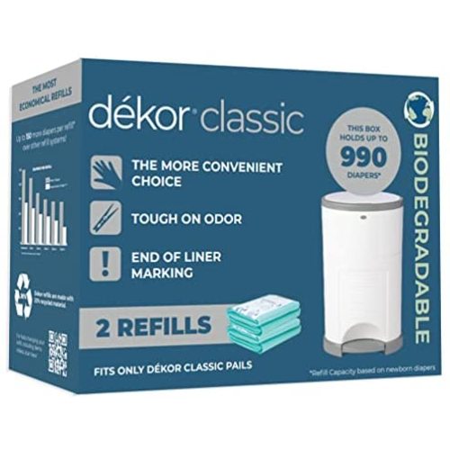 Dekor Classic Diaper Pail Biodegradable Refills | 2 Count | Most Economical Refill System | Quick and Simple to Replace | No Preset Bag Size – Use Only What You Need | Exclusive End-of-Liner Marking