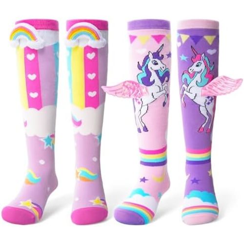 ANTSANG 3D Cute Knee High Socks for Girls Kids, 2 Pairs Funny Crazy Long Boot Tall Cotton Socks, Mismatched Novelty Stocking