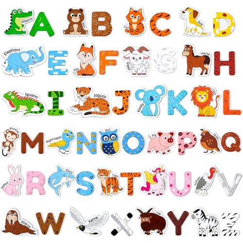 JoyCat Wooden Fridge Magnets for Toddlers, 26 Animals & Uppercase Letters