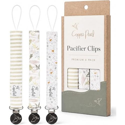 Copper Pearl Pacifier Clip 3-Pack: Premium Knit Binky Clips for Baby Girls and Boys - Stylish Stainless Steel Pacifier Holder Clip - Baby Pacifier Clips for No More Floor Drops - Rex