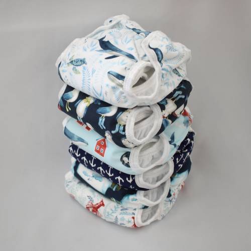 Set of 6 Deep Sea and Sailor Newborn Cloth Diapers with umbilical cord snaps