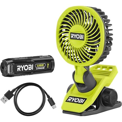 RYOBI - USB lithium fan (4 V, diameter 9 cm, 2 speeds, 120/90 rpm, head adjustable up/down and right/left, USB-C cable - 1 battery 4 V, 2.0 Ah, USB lithium, RCF-120G