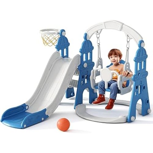 KORIMEFA 4-in-1 Kids Slide and Swing Set, Toddler Slide with Basketball Hoop, Swing, Outdoor Indoor Playground for Toddlers 1-3 (4 in1-Blue)