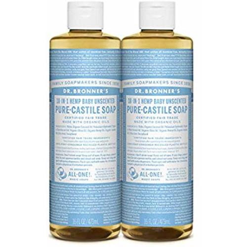 Dr. Bronner’s - Pure-Castile Liquid Soap (Baby Unscented, 16 ounce, 2-Pack) - Made with Organic Oils, 18-in-1 Uses: Face, Hair, Laundry and Dishes, For Sensitive Skin and Babies, No Added Fragrance