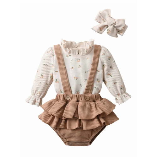 Baby Girl Clothes Print Tops + Suspender Romper Dress + Headband Outfit Set Brown 6-9 Months