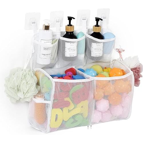 DOCMON Bath Toy Storage, 2 Layers Large Capacity Bath Toy Holder, Quick Release Bathtub Toy Storage with Buttom Zipper, Bath Toy Organizer Basket Bin with 7 Pockets for Bathroom Toys - White