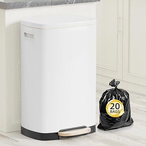 13 Gallon Trash Can with Lid, 50L Fingerprint Proof Stainless Steel Kitchen Trash Can with Removable Inner Bucket and Lid Soft Close, Pedal Rubbish Bin for Home Office, White