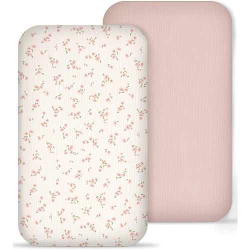 Muslin Bedside Bassinet Sheets 2 Pack, 33" X 20", (Vintage Blossom & Pink)