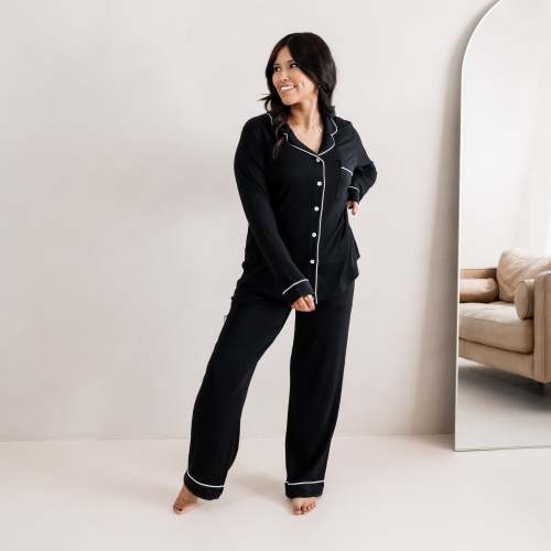 Long-Sleeved Women's Pajama Set in Midnight with Cloud Trim