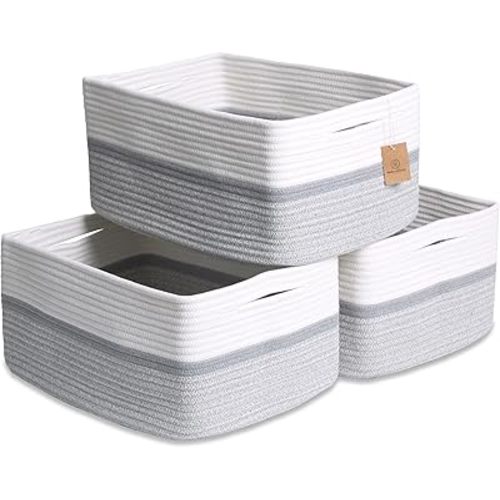 NaturalCozy Storage Baskets 16.8”x13”x7.6” Cotton Rope Woven Baskets for Organizing 3-Pack | Toy Storage Bins | Basket for Shelves, Laundry, Blanket, Clothes, Closet, Kitchen, Bathroom, Gifts