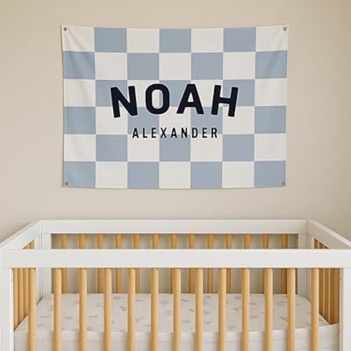 Custom Baby Name Canvas Flag for Wall Decor, Personalized Checkered Name Banner Sign for Nursery with Hooks, Neutral Wall Decor Gift for Baby Room, Kids Bedroom, Baby Shower