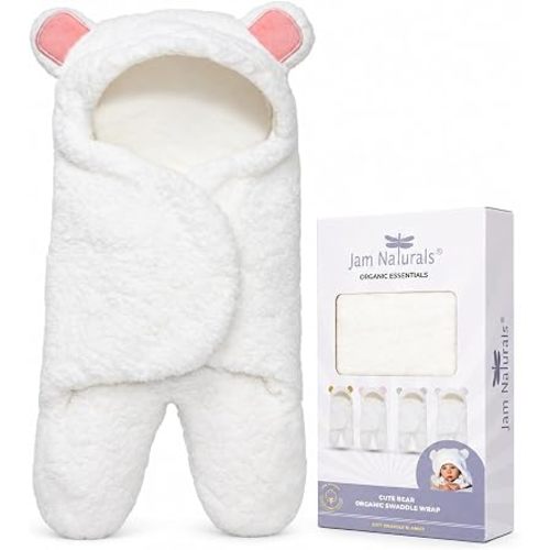 Jam Naturals Cute Bear Newborn Swaddle, Organic Cotton Lining, Pink, 0-3M