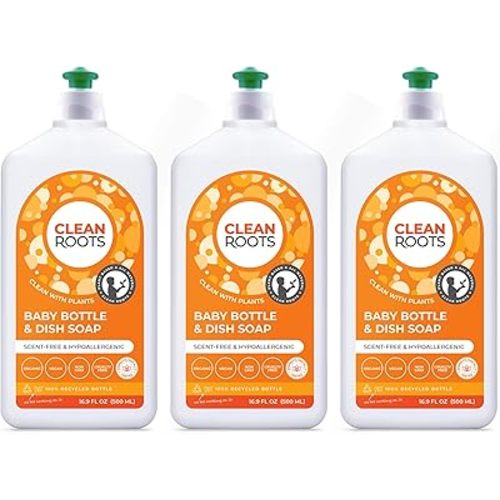 Baby Bottle & Dish Soap – EcoGarantie Certified, 100% Plant-Based Formula, Made with Organic Ingredients, Scent-Free & Hypoallergenic – 16.9 fl oz (500 mL), Pack of 3