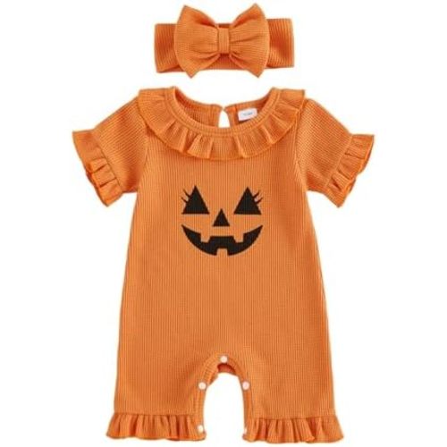 Amiblvowa Newborn Baby Girl Halloween Outfit Pumpkin Face Ruffle Romper with Headband Waffle Knit Infant One-piece Clothes