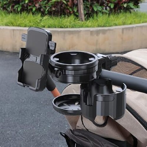 3-in-1 Stroller Cup Phone Holder, Multifunctional Stroller Cup Holder Attachment with 360° Adjustable Phone Mount, Cup Holder for Walker, Wheelchair, Strollers, Anti-Slip & Easy Install