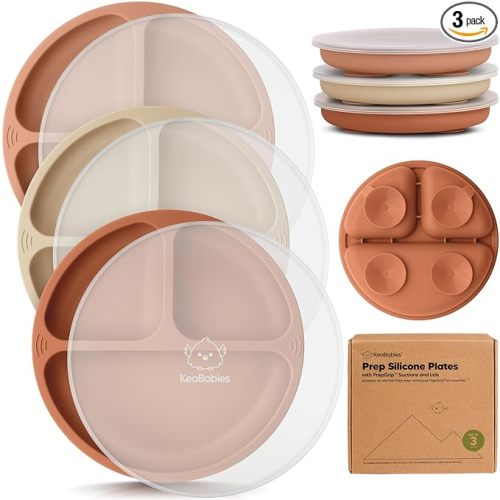 KeaBabies Suction Plates with Lids for Baby - 3-Pack 100% Silicone Toddler Plates with Suction, Divided, BPA-Free Baby Led Weaning Essentials for Kids, Dishwasher, Microwave Safe, Durable (Terracotta)