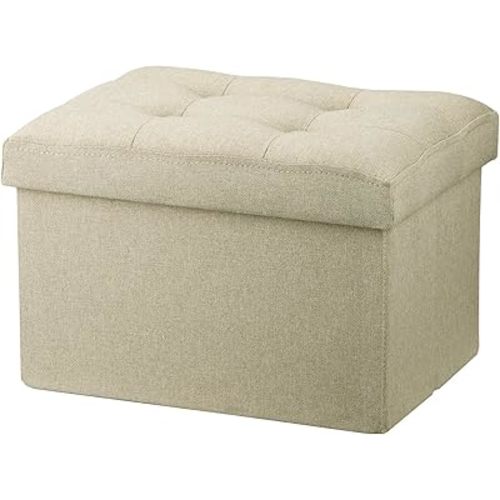 LINMAGCO Small Storage Ottoman Stool - Folding Foot Rest Under Desk Stool - 16X12X12IN Linen Cloth Beigh