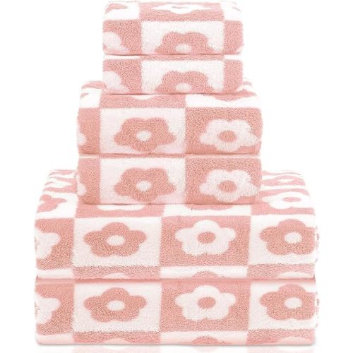 Kinlop 6 Pcs Checkered Bath Towels Set Back to School Lightweight Coral Washcloth Quick Dry Patterned Thin Coral Fleece Hand Towel for Bathroom Gym Spa Beach Accessory(Pink,Flower)