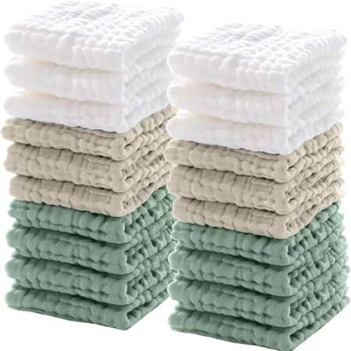 Amazon.com: Breling 20 Pcs Baby Muslin Washcloth 12x12 in, White, Khaki, Dark Green | 100% Cotton,Soft and Absorbent Burp Cloth, Wipe Newborn Face Body Towel, for Baby Boy Girl Sensitive Skin