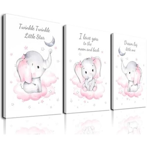 Watercolor Elephant Family Framed Canvas Wall Art,Elephant Nursery Canvas Wall Art,Watercolor Animals Art Poster,Children's Room Living Room Bedroom Nursery decoration(12”X16”X3 pcs, Framed)