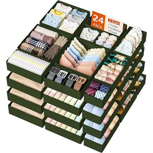 DIMJ Drawer Organizer Clothes - 24 Pack Closet Drawer Organizer Bins for Baby Clothes Storage, Fabric Dresser Organizer for Nursery Bedroom, Foldable Small Drawer Dividers for Underwear Socks