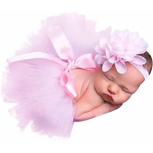 Medsuo Newborn Baby Tutu Skirt and Flower Headband for Photography Prop Outfits 0-4 Month (Pink)