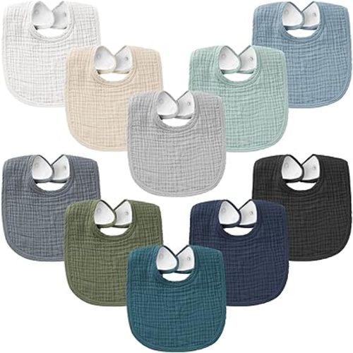 Konssy 10-Pack Muslin Baby Bibs, Soft Cotton Bandana Bibs for Drooling & Teething, Unisex Solid Colors for Boys & Girls, Newborn & Infant