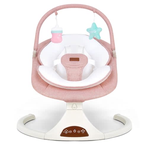 Pink Infant Swing with Safety Lock 5-Speed Bluetooth Music & Timer | 5 point harness, remote/touch panel, auto-off timer, Bluetooth & USB music, dual power options, indoor/outdoor use