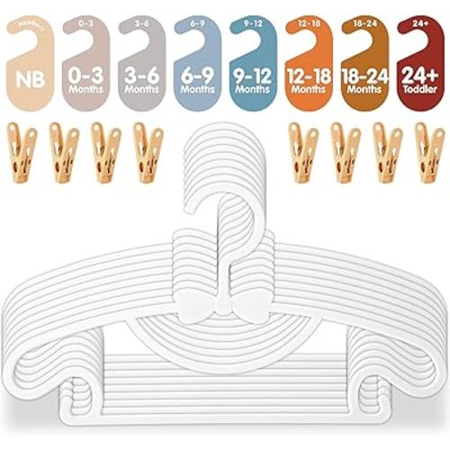 20 Pack Baby Clothes Hangers with 8Pcs Baby Closet Dividers and 8Pcs Clips, Non-Slip Toddler Clothing Hanger with Dividers for Sorting, Nursery Closet Organizer for Newborn Kids Boys Girls (Boho)
